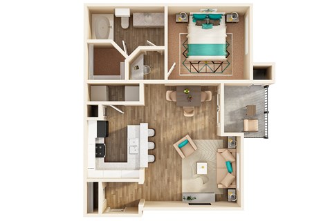 A top down view of a small apartment with a bed, a desk, a couch, and a kitchen area.